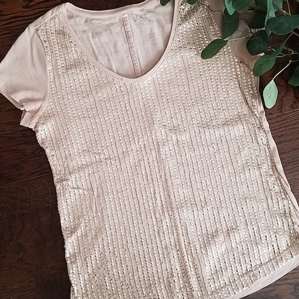 LOFT Blush-Colored Sequin Mixed Media Top